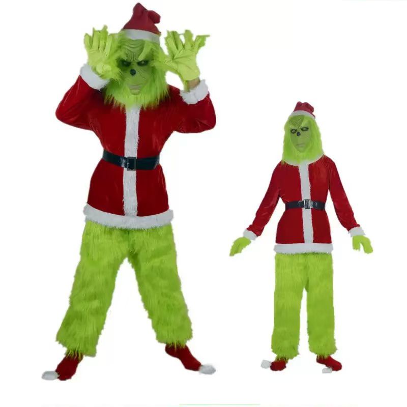 Santa Hat Plush - メリークリスマス！グリンチのコスプレ衣装、緑色の盗賊風マスク、ぬいぐるみ、ズボン、手袋、赤いサンタクロースの帽子、トップス、靴下、ホリデーセット、クリスマスギフト。