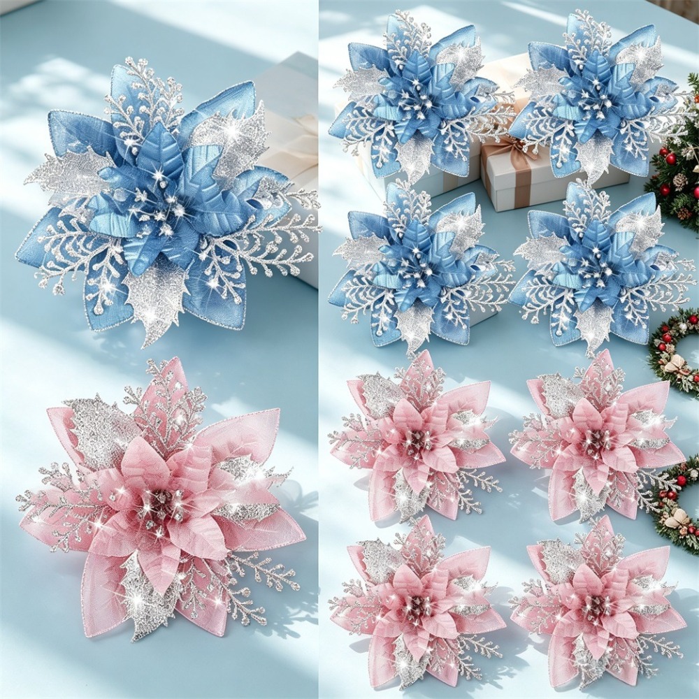 Christmas Tree Artificial - 6/12個入り 5.5インチ クリスマスツリーオーナメント、ピンク＆ブルーのグリッター人工ポインセチア、クリップ付き、ツリーやリースの装飾に