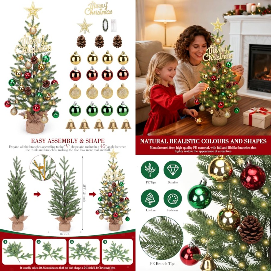 Christmas Tree Artificial - 2フィートのミニクリスマスツリー、30個のLEDライト付き卓上クリスマスツリー - タイマーと26個のDIYオーナメント付き、24インチの人工小型クリスマスツリー