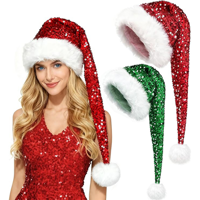 Santa Hat Plush - 男女兼用、クリスマス柄の新しいスパンコール帽子。二重構造で厚手、長めの毛足、多色使い。パーティーやクリスマスデコレーションに最適。ノエル、ナタール、ナビダッド、新年おめでとう。