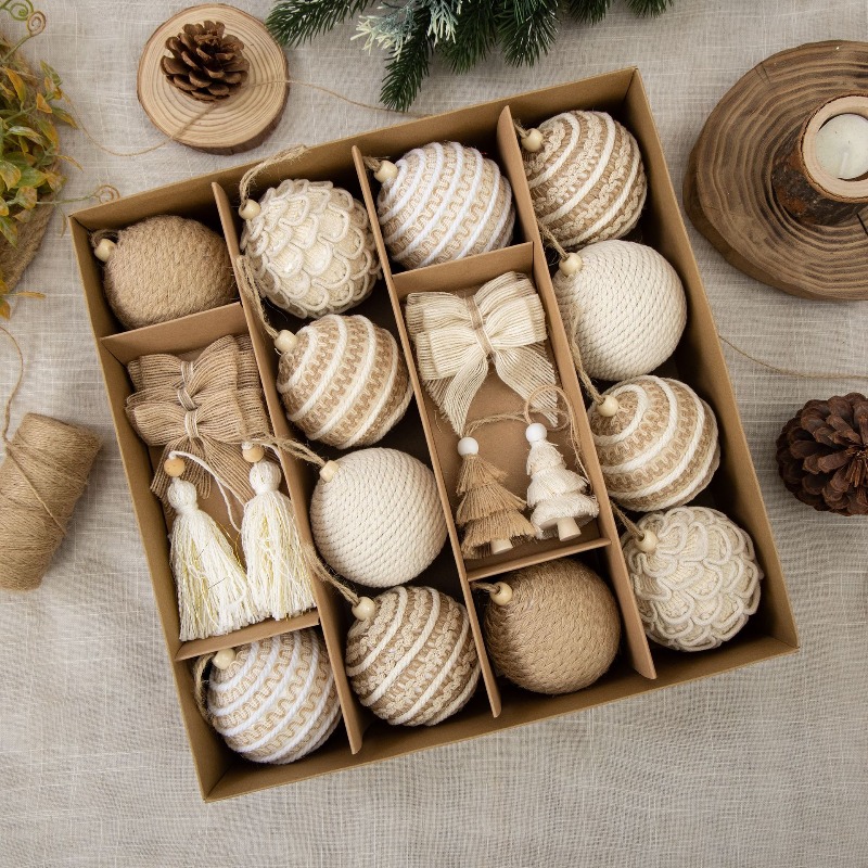 Gift Box Wrap Set - 新しい8cmのジュートロープで装飾されたクリスマスボール型ギフトボックス。リボン付き。クリスマスツリーのオーナメントや装飾品のセット。パーティー用品。