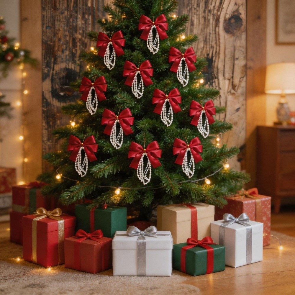 Gift Box Wrap Set - 12個入り クリスマスツリー用リボンセット。ヴィンテージ風のゴールドツイストリボン、赤いリボン、赤いパールタッセル付き。ギフトラッピング用。