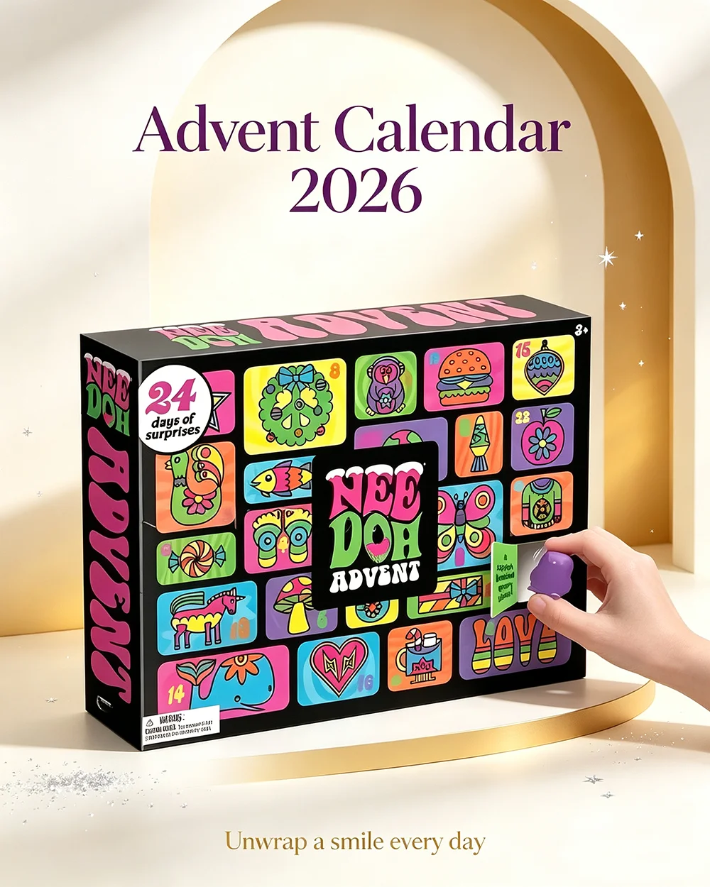 Advent Calendar Gift - 2026年版「NeeDoh」アドベントカレンダー。子供向けの24日間の3D PVC製人形が入った、クリスマス2026と新年のお祝いにぴったりのサプライズボックス。