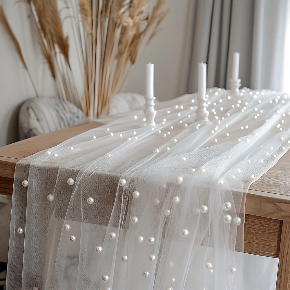 Christmas Table Runner - パールシフォンテーブルランナー 80x300cm 半透明ガーゼメッシュテーブルクロス 結婚式 ブライダルシャワー パーティー