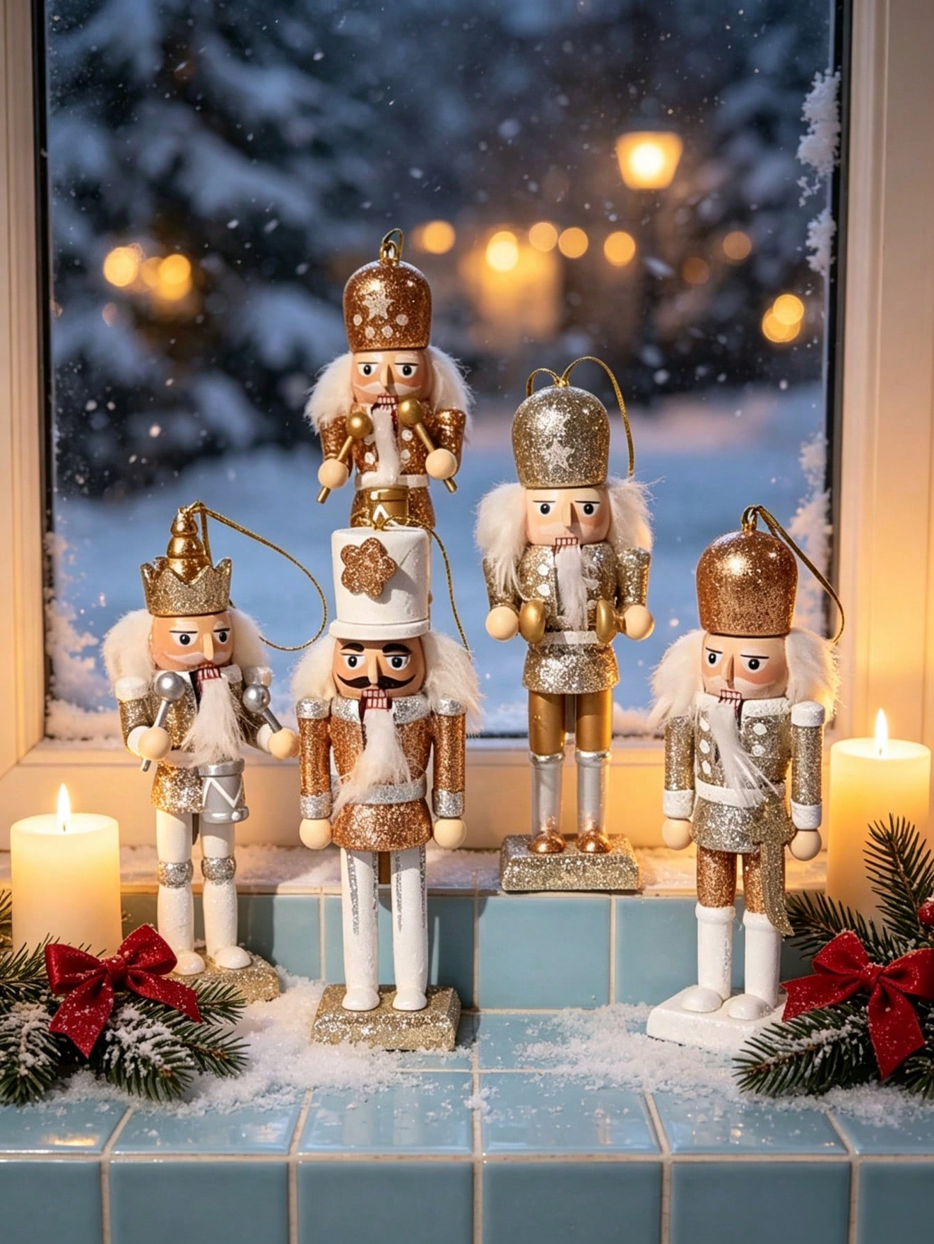 Nutcracker Figurine - シャンパンゴールドのラメが施された木製のくるみ割り人形ペンダント5個セット。北欧風の木製兵隊人形で、クリスマスツリーの飾りや、クリエイティブな窓飾りとして、また、ホリデーシーズンの雰囲気を盛り上げるインテリアとして最適です。