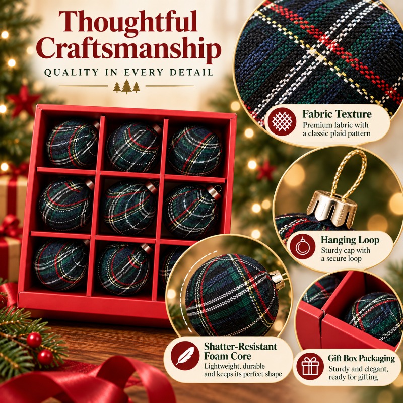9個入り、8cmの布で包んだチェック柄のクリスマスオーナメン - Gift Box Wrap Set のレビューと価格