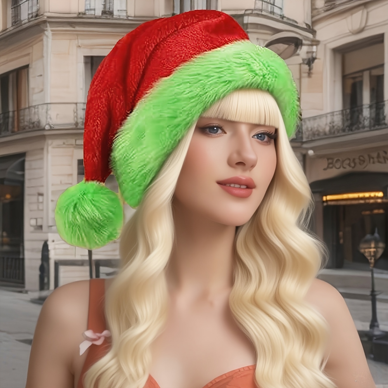 蛍光グリーンエッジの赤いサンタ帽子、二重断熱の柔らかい素材、 - Santa Hat Plush のレビューと価格