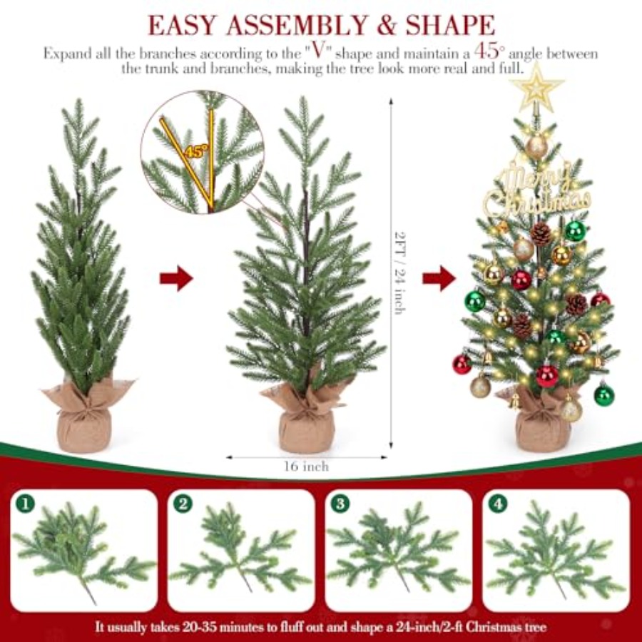 2フィートのミニクリスマスツリー、30個のLEDライト付き卓 - Christmas Tree Artificial のレビューと価格