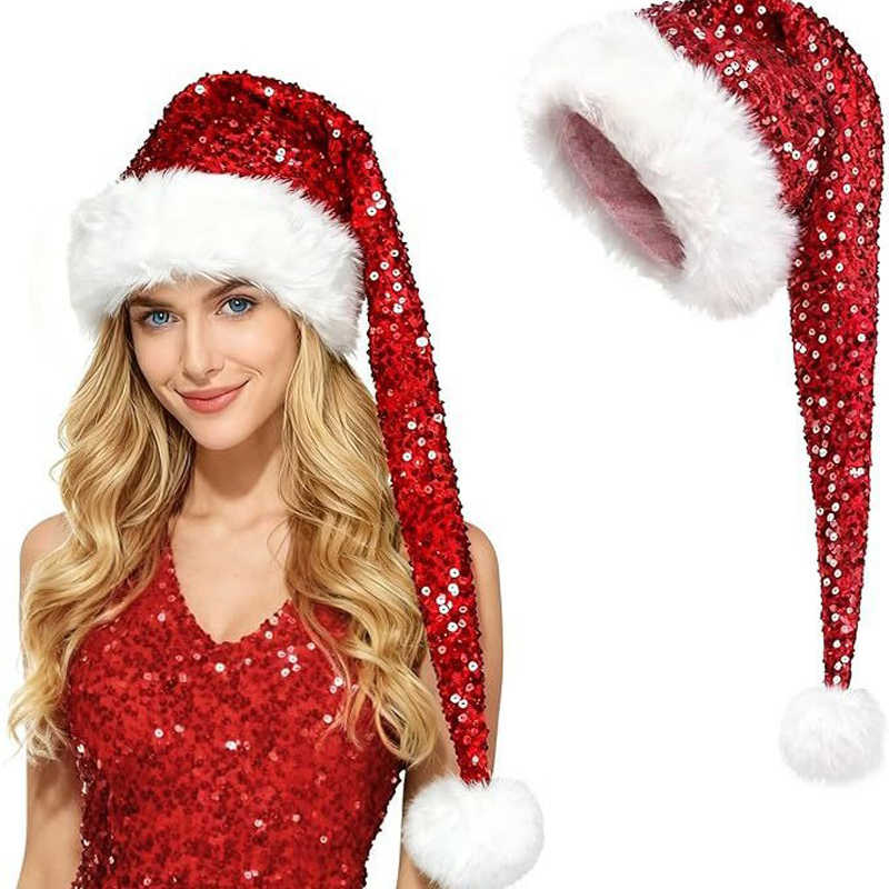男女兼用、クリスマス柄の新しいスパンコール帽子。二重構造で厚 - Santa Hat Plush のレビューと価格