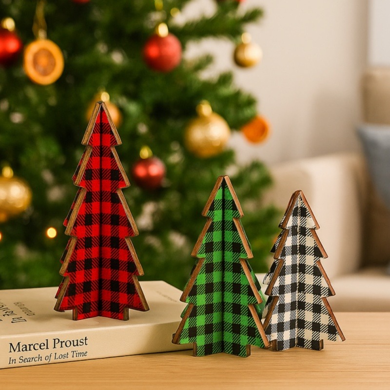 3個のクリスマスデコレーション、格子縞の木製卓上ツリー、高さ - Christmas Throw Blanket のレビューと価格